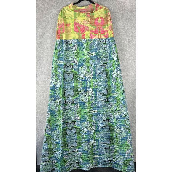 N by Nancy Maxi Dress Womens Large Crinkle High Neck Geometric Colorful Artsy - Picture 1 of 15